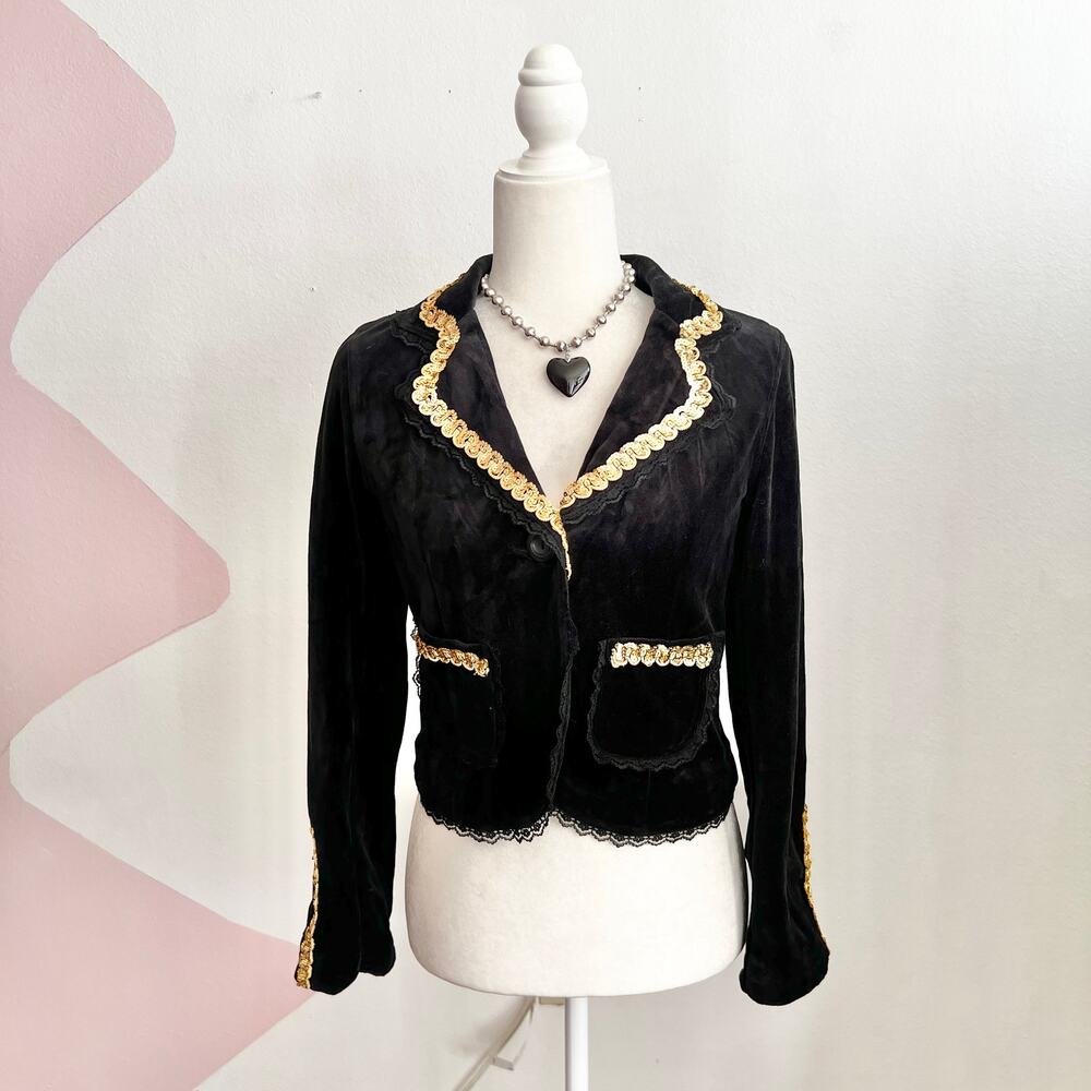 Vintage‎ Black Velvet Sequin Jacket Glam 90s Retro Academia Renaissance Small